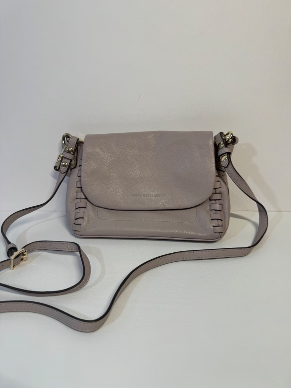 Aimee Kestenberg Taupe Gray Leather Woven Top Handle Crossbody Bag Woven Detail